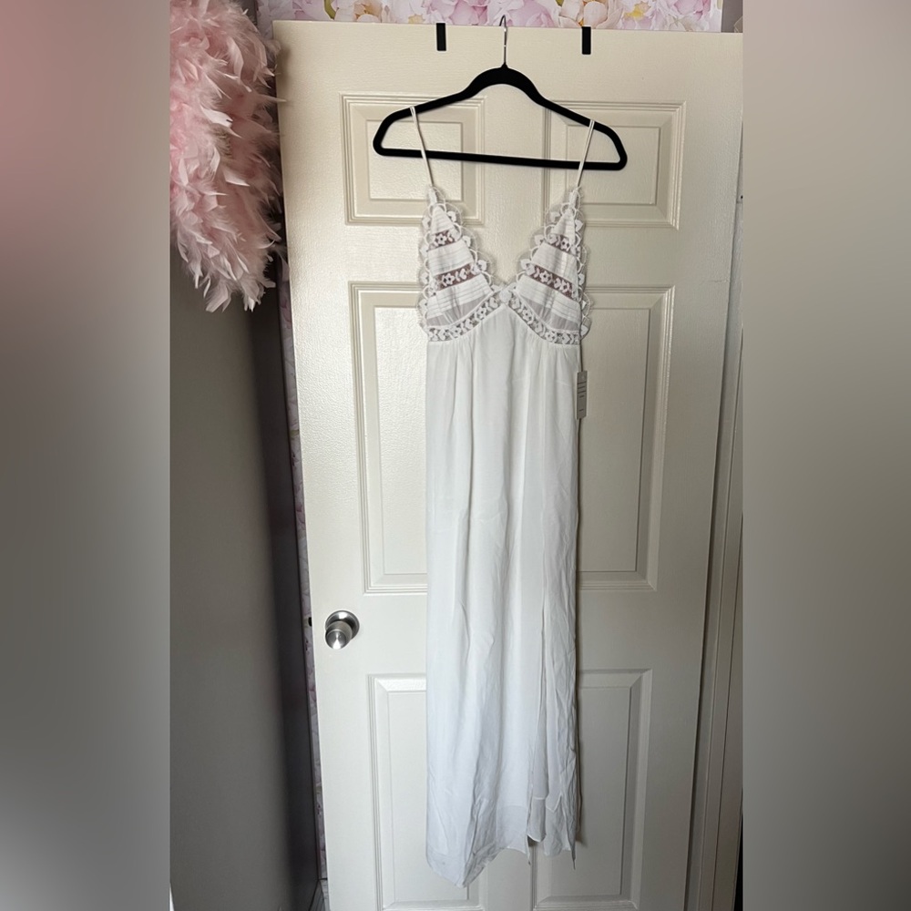 For Love & Lemons White & Nude Lace Plunging Thigh Slit Slip Maxi Dress